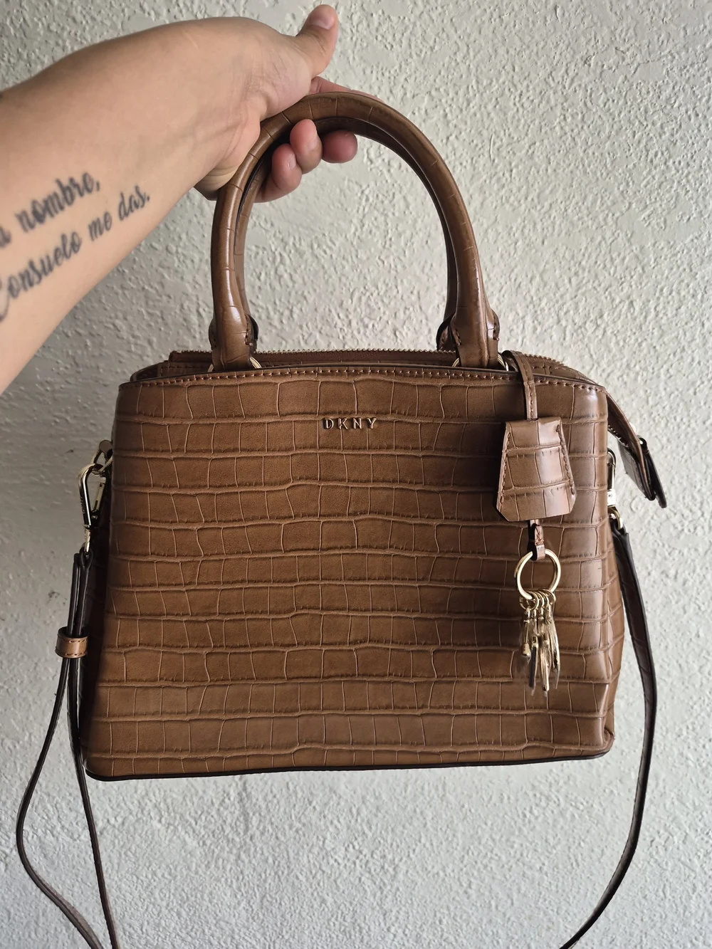 ​DKNY Cognac Brown Croc Embossed Leather Satchel Crossbody Purse